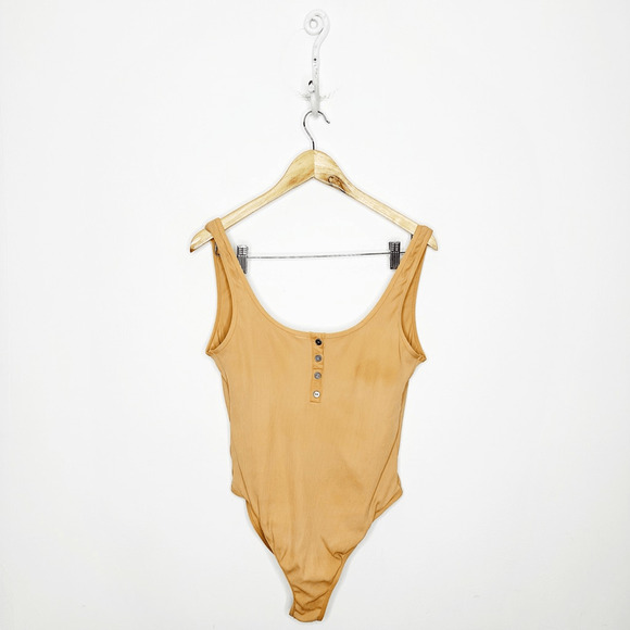 L*SPACE Float On One Piece Swimsuit Tan ribbed scoop neck womens US 10 - Picture 1 of 6